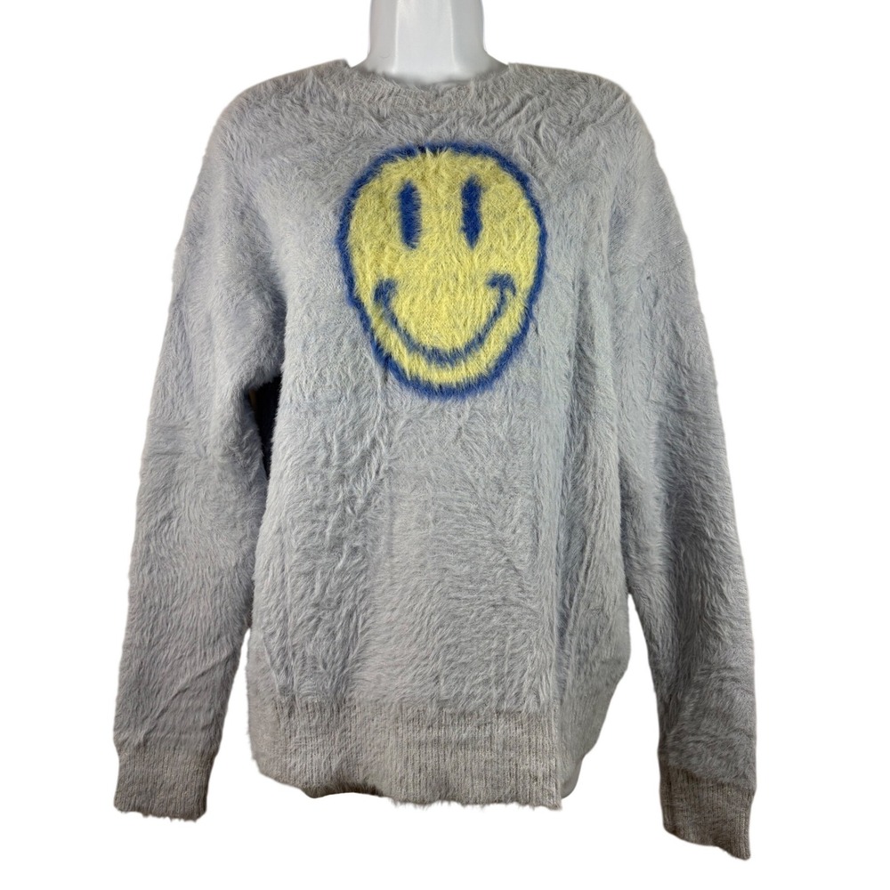 Miss Sparkling Fuzzy Eyelash Knit Smiley Face Sweater Blue‎ Grey Small